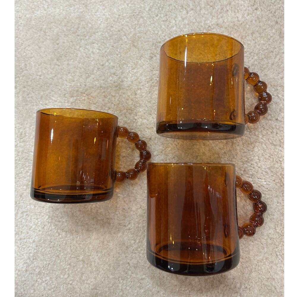 Amber honey brown glass mugs bubble ball handles vintage  3